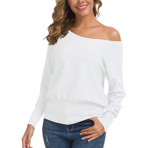 Feiersi Off Shoulder tröja för kvinnor Casual långärmade toppar med rund hals 02 White Small