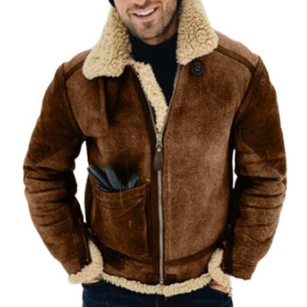 Vinterjacka i fårskinn och läder för män, tjock parkas med ullkrage camel xxl