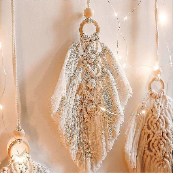 Väggbonad Boho Väggdekor Med Vävd Bladfrans Bomullsrep Väggkonst För Lägenhet Sovrum Vardagsrum 1st-beige