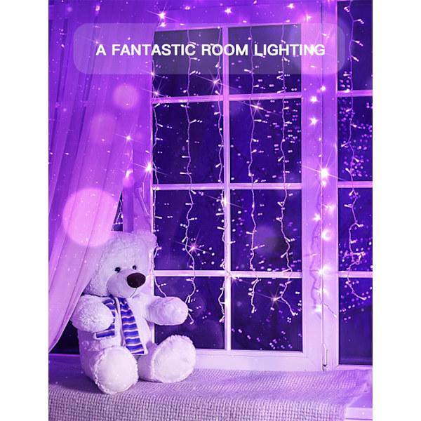 Gardiner med lampor för sovrum, 200 LED-lampor, hängande sträng, utomhus, vattentät Warm White & Fuchsia USB-200 LED