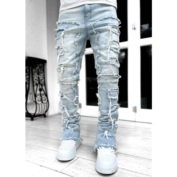 V-hanver Herr Streetwear Baggy Jeans Byxor Cross Hip Hop Herr Lös blue