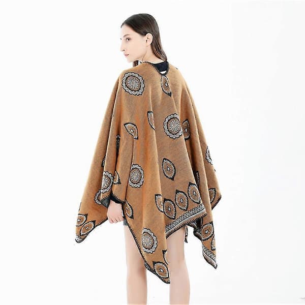 Dam Vinter Cape Sjal Vintage Stil Boho Tryck Frans Sjal Kofta 1st-khaki