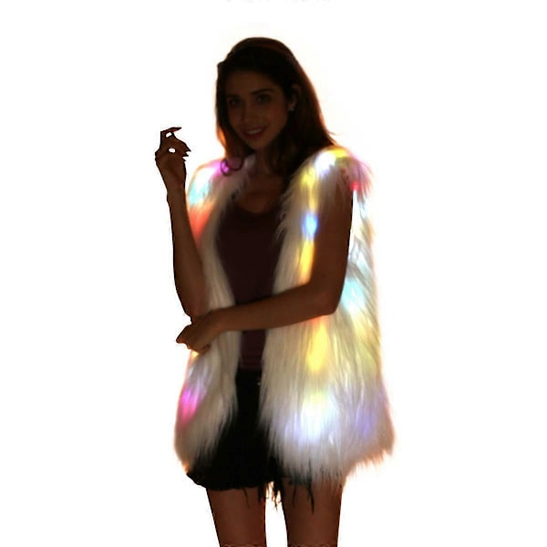 Dam Fuskpäls Ytterkläder Vinter Lyser Upp Brinnande Glöd Fluffig Glittrande Regnbåge LED Kostym Väst Medium