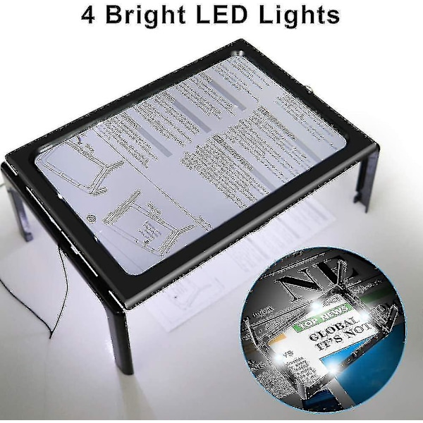Förstoringsglas med LED-belysning, 3x förstoring, läsförstoringsglas, läs hjälpmedel, A4 rektangulär