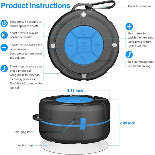 Duschhögtalare Bluetooth 5.0, IPX7 Vattentät med Sugkopp Inbyggd Mikrofon