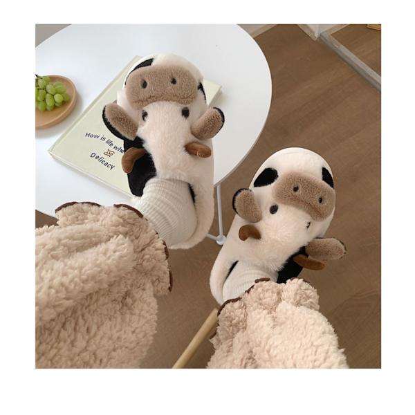 Fuzzy Cow Tofflor Söta Varma Mysiga bomullsskor Djurform Slip-on Sl 40-41