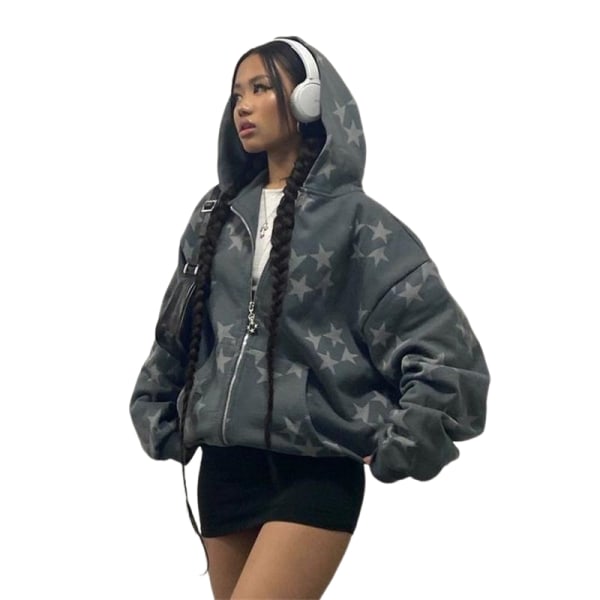 Unisex Oversized Hoodie med Stjärnprint och Blixtlås M