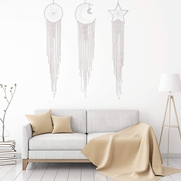 3 stycken vita stora macrame drömfångare måne sol handgjorda stora