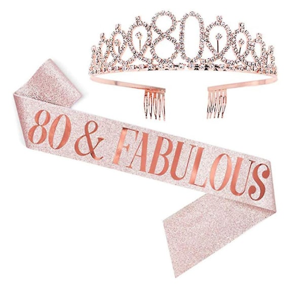 Sash och tiara-set med glittrande strass och bokstavsprintet för födelsedag Rose Gold 80 år gammal