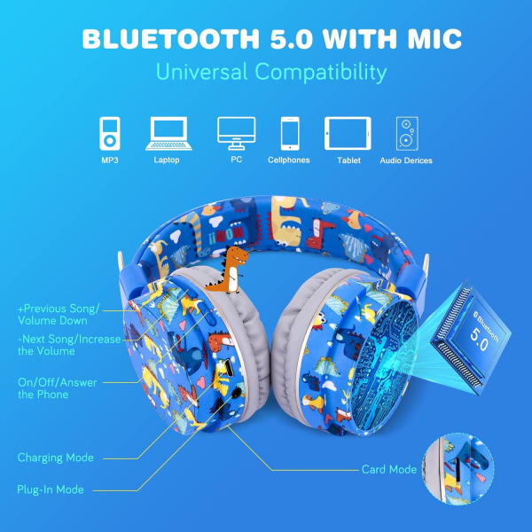 Söta barnhörlurar trådlösa, Unicorn-hörlurar för flickor, Bluetooth blue-dino