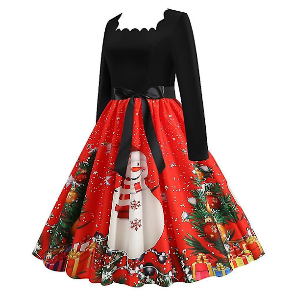 Långärmad julklänning för kvinnor, julparty, svängig A-linje 2XL Red