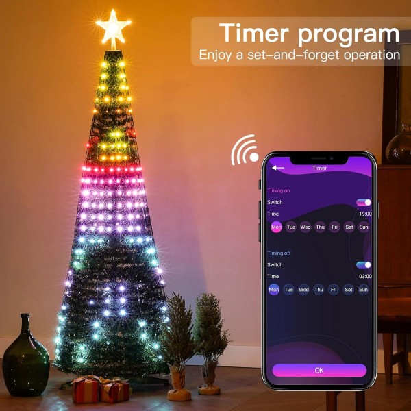 6 Ft Smart Christmas Tree Lights - 400 lysdioder med fjärrkontroll och appkontroll - 5 FT - Without Christmas Tree