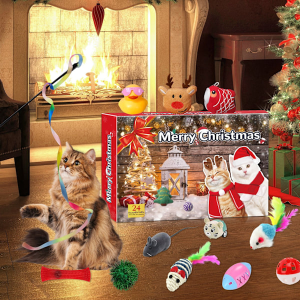 Julkalender för Katter - 24 Fack Blind Box med Kattleksaker, Figurer & Klockor