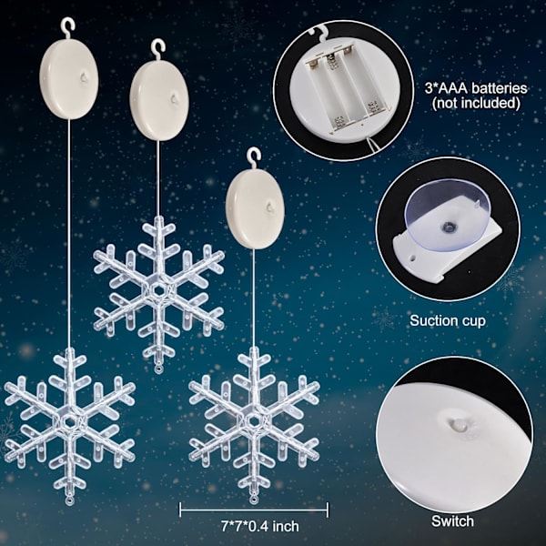 3st julfönsterbelysningsdekorationer, batteridriven jul Wi White Snowflake