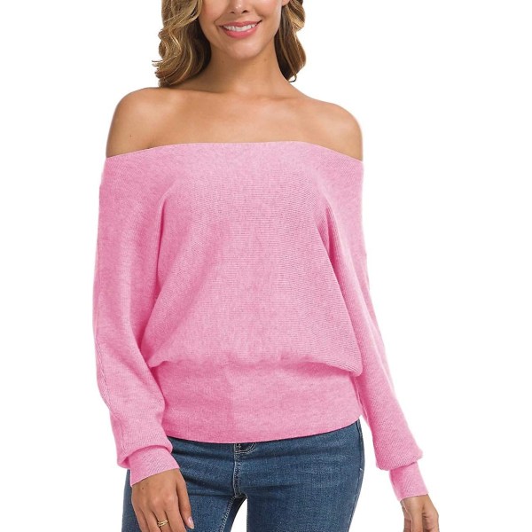 Feiersi Off Shoulder tröja för kvinnor Casual långärmade toppar med rund hals 09 Pink X-Large