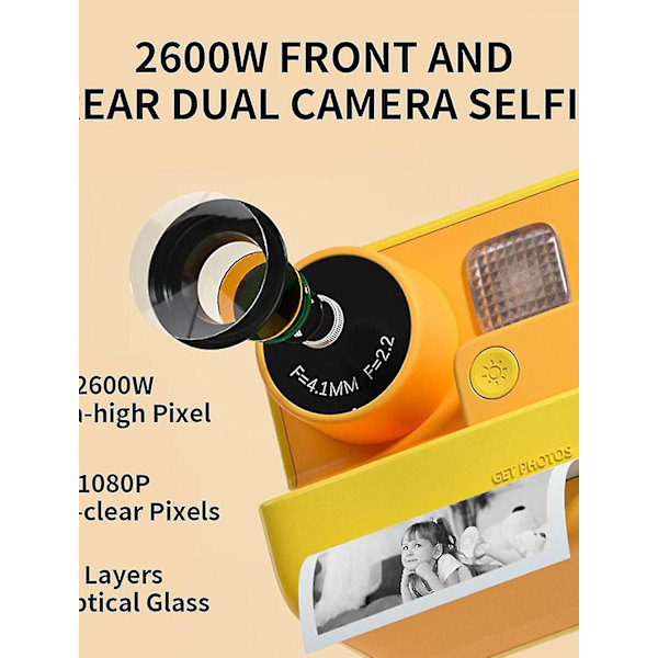 Barnens Instant Print Kamera Termisk Utskriftkamera 1080p HD Digitalkamera Yellow camera (no memory)