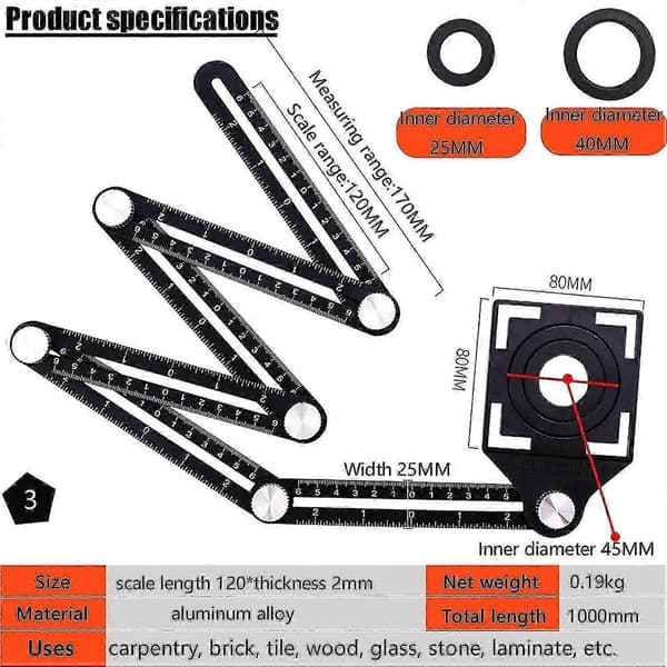Multi Angle Tool, Multi Angle Mätlinjal, 6-sidig Vinkelmätningsverktyg, Multi Angle Aluminiumlegering Mätlinjal, Multifunktionell Mätlinjal