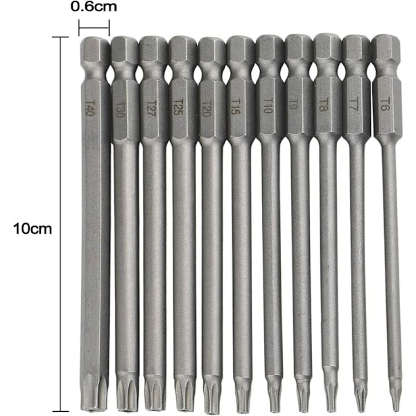 Set med 11 extra långa (100 mm) magnetiska Torx-bits T8-T40 1/4\" - He