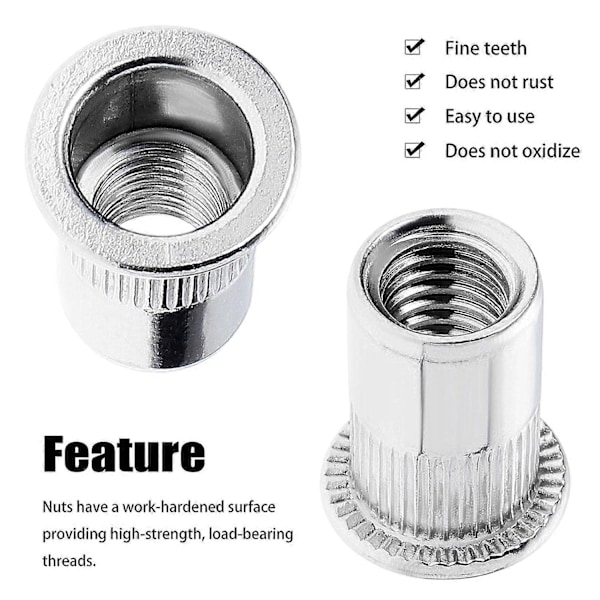 100 st M6 Platt Huvud Gängad Nitmutter, Gängade Nitmuttrar i Rostfritt Stål, Gänginsatser för Plast Metall (12mm*15mm)