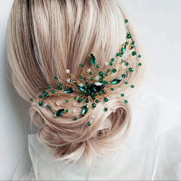 Anglacesmade Brudgum Grön Kristall Hårkam Emerald Hårvin Ma Silver