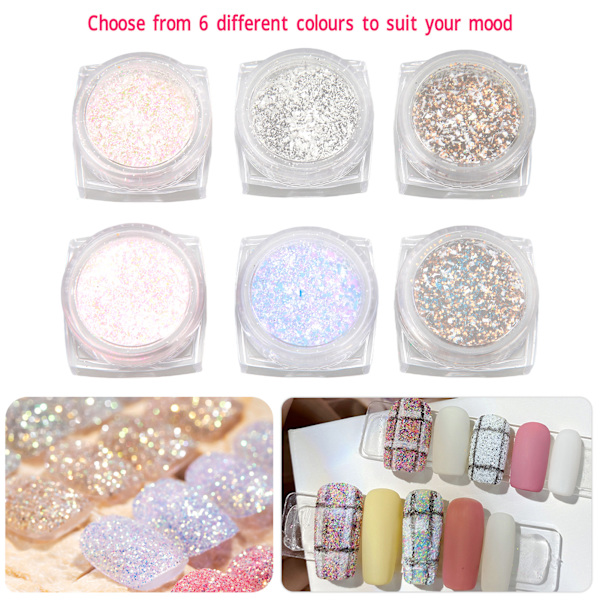 6 Burkar Nagelsugarpulver DIY Glitter Nagelkonst Ullpulver för Fingrar och Tår