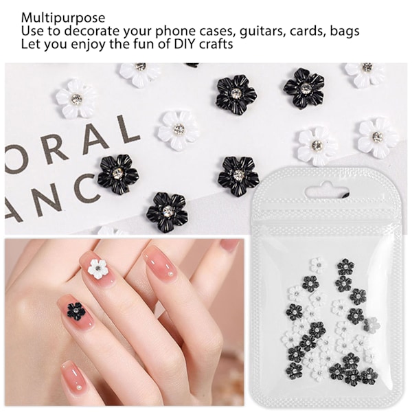 3D Blomster Nagelkonst Dekorationer Svart Vit 5-bladig Blomster Nagel Ornament för DIY Nagel Dekoration