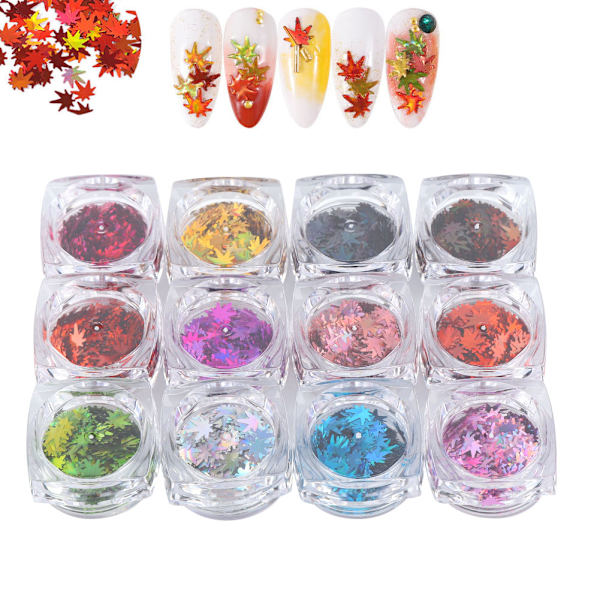 12 Färger Lönnlövformade Nagelkonstpaljetter Nagel-DIY Dekoration Glittrande Pailletteqt0273