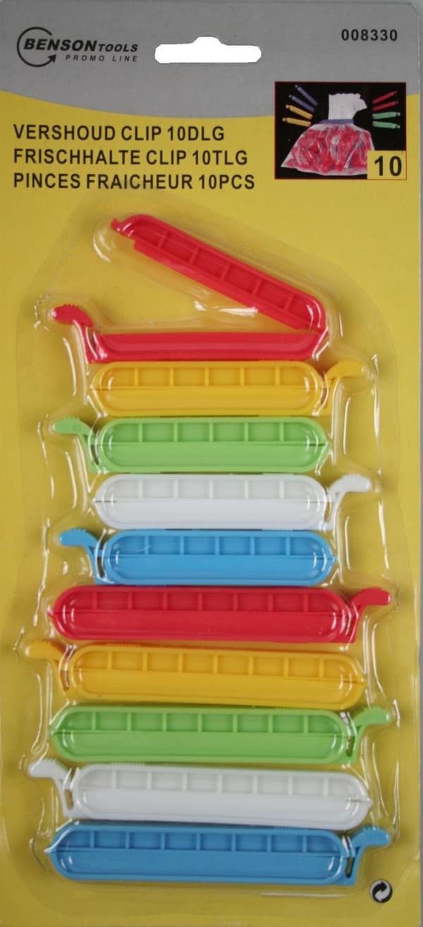 10-pack påseklämmor i 2 storlekar, flerfärgade