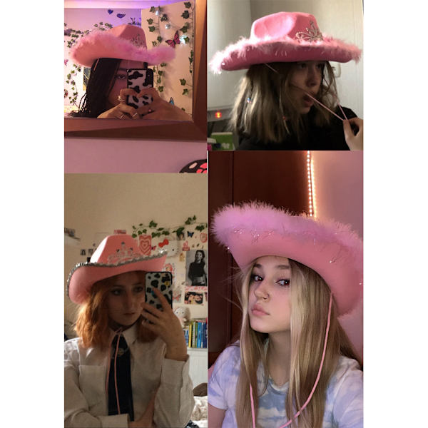 Rosa Cowboyhatt i Filt med Halsbandssnöre Cosplay Party Kostymtillbehör Lekkläder för Kvinnor