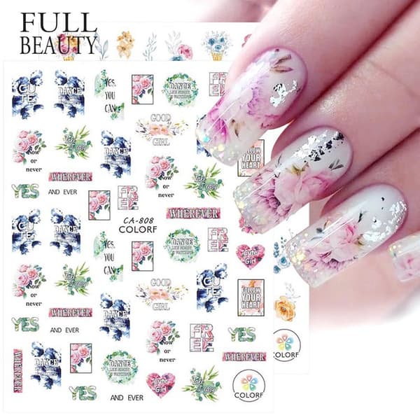 3 st Ros Nageldekaler Blomma 3D F