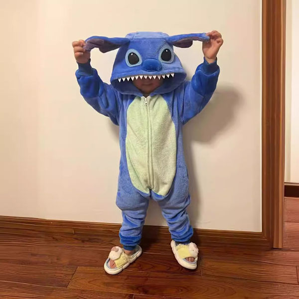 Flanellpyjamas, förtjockade för både män och kvinnor, barnsliga djur, ekorrar, tecknade jumpsuit-pyjamas, hemmakläder, Stitch-fladdermöss New Blue Boy Stereoscopic 140cm