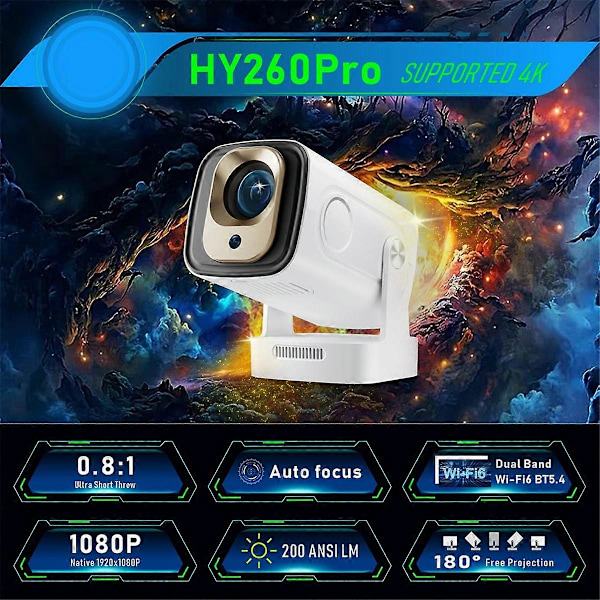 HY260 PRO 1080P Android 11 4K Projektor 200ANSI Wifi6 BT5.4 Cinema Utomhus Portabel 180° Roterbar Pro As Shown