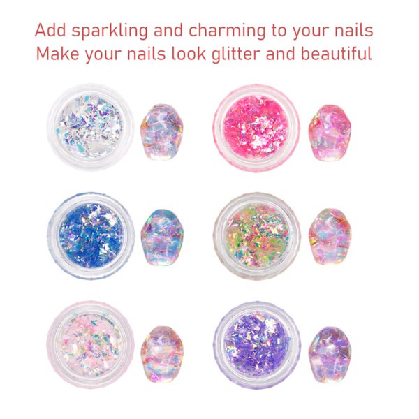 6 Ask Nagelkonst Glitterpulver Blandade Färger Manikyr Dekoration Sekvenser Flakes för Nagelsalong
