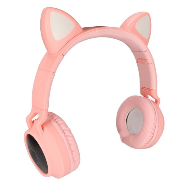 Spelheadset med kattöron, djup bas, LED-ljus, hopfällbara, söta kattöron, mjuka öronkuddar, rosa