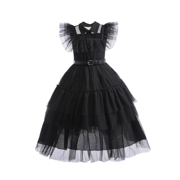 Halloween Wednesday Addams cosplay barnklänning i svart chiffong Option B 100cm
