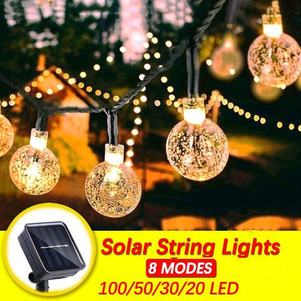 Solcellsdrivna LED-ljusslingor med kristallkulor, varmvit, 9,5 m, 50 LED