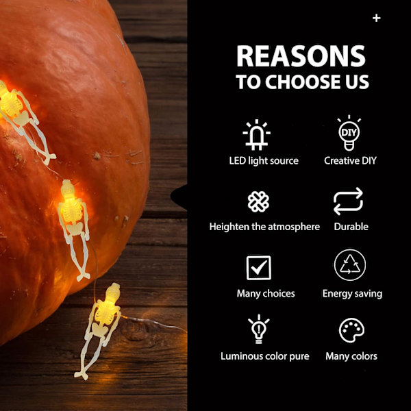 LED-skelett-skalle ljusslinga spöklik lampsträng halloween