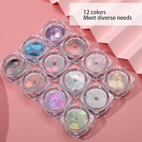 12 Färger Lönnlövformade Nagelkonstpaljetter Nagel-DIY Dekoration Glittrande Pailletteqt0273