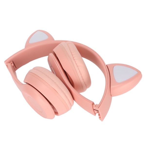 Bluetooth-headset med minneskortsstöd, vikbart, söta kattungeöron, trådlösa hörlurar med LED-lampa för barn, telefon, bärbar dator, rosa