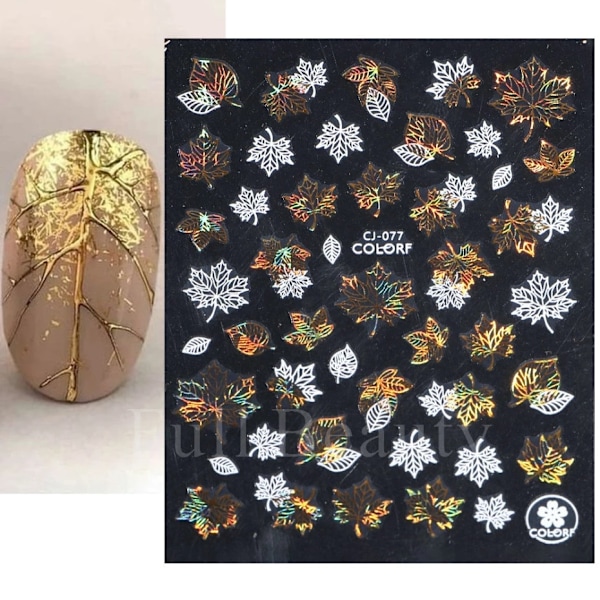 3 st Nail Stickers Svart Guld Lönnlöv Fjädrar L