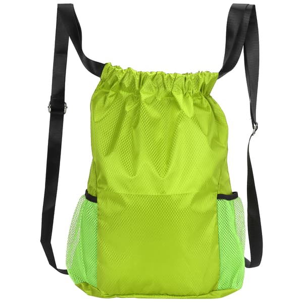 Polyesterfiber Ryggsäck med dragsko, förstärkt, vattentät, reseförvaring, fluorescerande grön