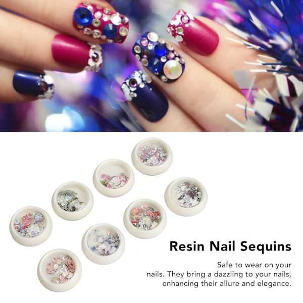 8 st Resin Blandade Nagelpaljetter Färgglada Nagelkonst Nagelglitter Paljetter Flakes DIY Design Manikyr Dekorationer