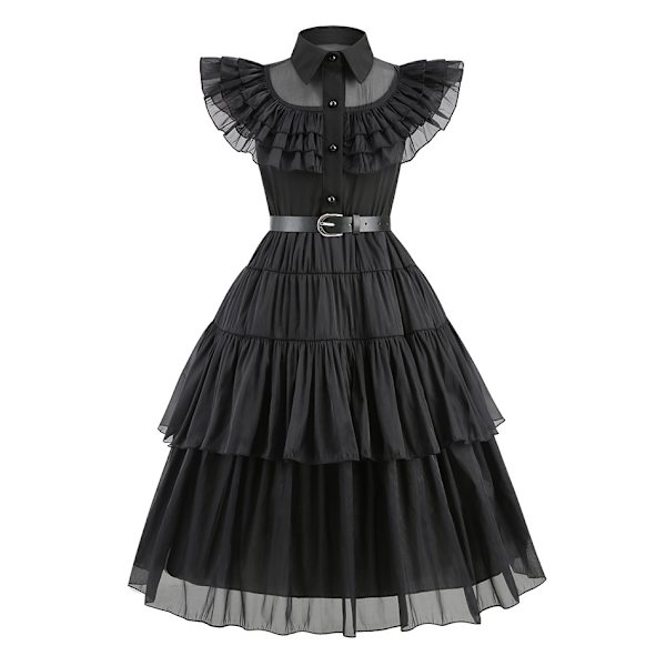 Halloween Wednesday Addams cosplay barnklänning i svart chiffong Option B 100cm