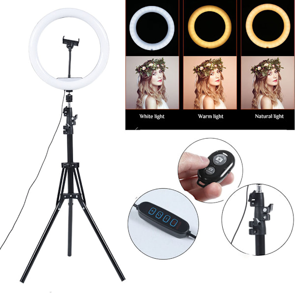 Selfie-lampa LED Ring Light Stativ 160 cm + Fjärrkontroll Svart
