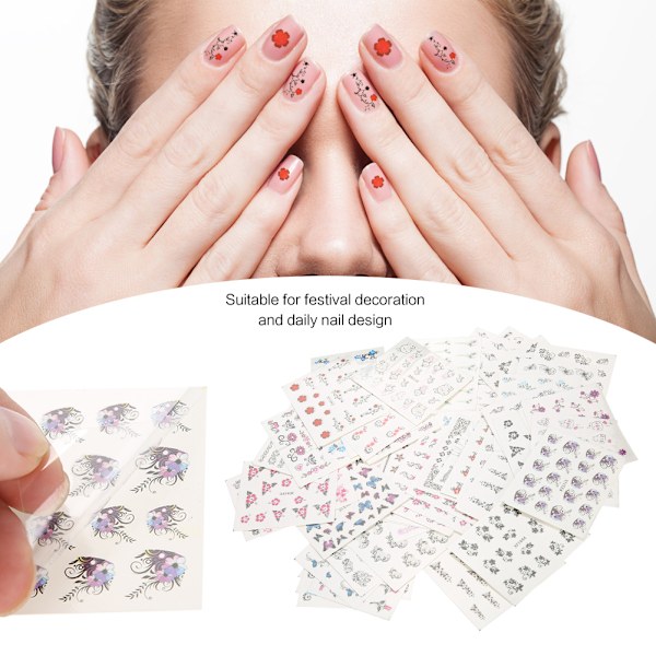 50 Ark Mixed Blommor Fjäril Cartoon Nagelkonst Vattenöverföring Dekal Naglar DIY Dekaler (XF)
