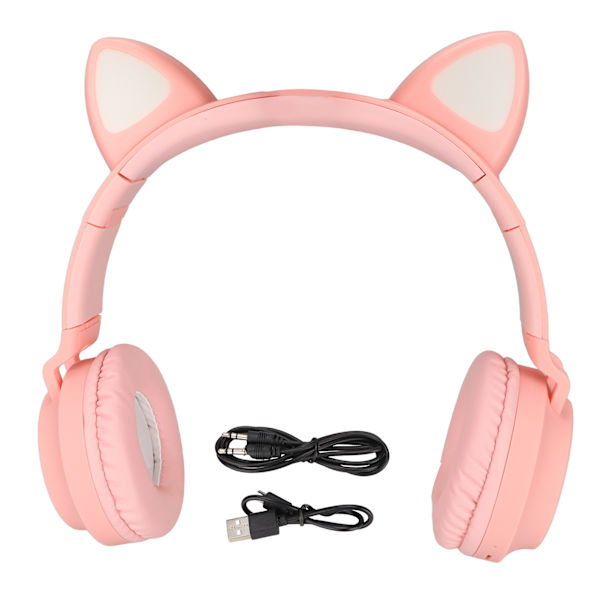 Spelheadset med kattöron, djup bas, LED-ljus, hopfällbara, söta kattöron, mjuka öronkuddar, rosa