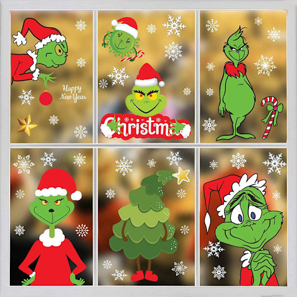 Grinch Jul Fönster Klistermärken Nytt År Jultomte Party Fönster Snöflinga Statisk Klistermärke 1