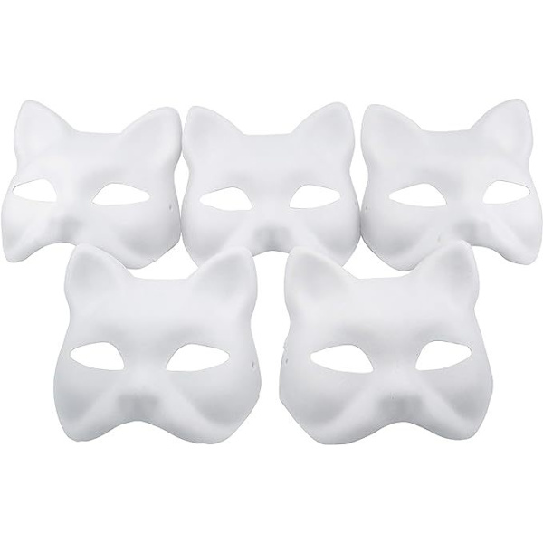 Kattmask Vit Kattmask Tom DIY Halloween Mask Djur Halvmask Maskeradboll 5pcs