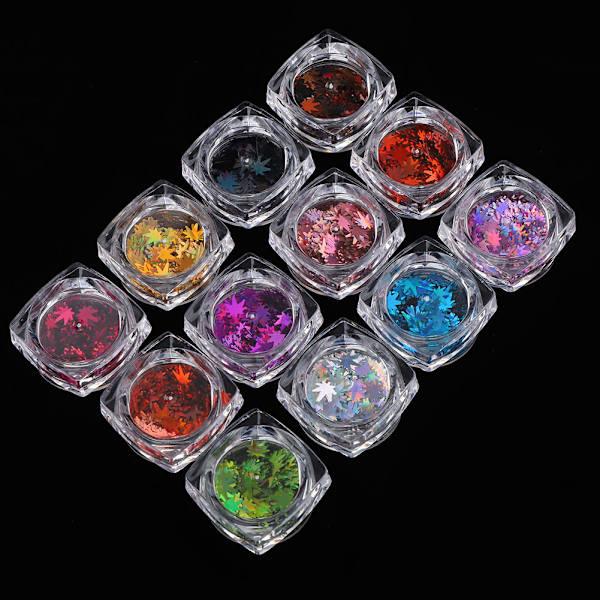 12 Färger Lönnlövformade Nagelkonstpaljetter Nagel-DIY Dekoration Glittrande Pailletteqt0273