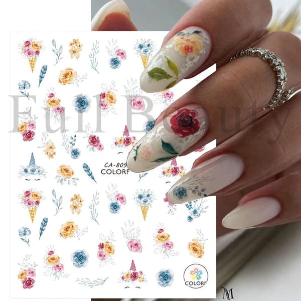 3 st Ros Nageldekaler Blomma 3D C